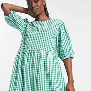 Asos, Monki seersucker puff sleeve smock dress in green gingham, XL